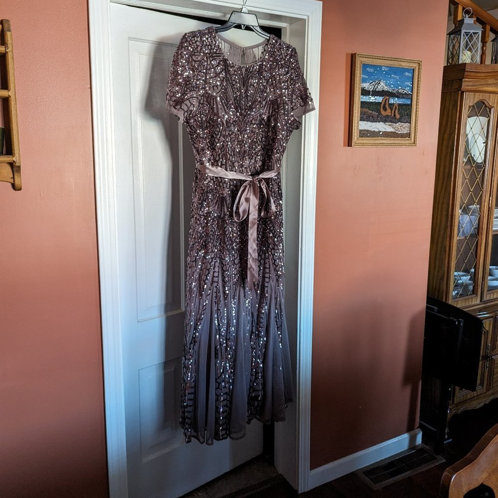 R & M Richards Plus Size Sequined Godet Gown